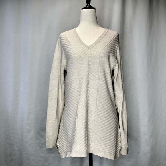 Lands’ End 100% cotton chevron rib v-neck sweater oatmeal M - Picture 1 of 8